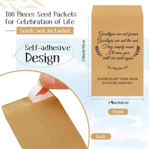 Miniatura 2 de Fumete Juego de 300 recuerdos funerarios, 100 sobres autoadhesivos de papel de estraza de estraza, 100 tarjetas de oración fúnebre, 100 bolsas