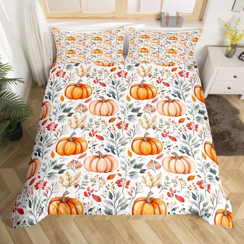Miniatura 26 de Erosebridal Juego de funda de edredón individual de pavo de Acción de Gracias, juego de ropa de cama de calabaza y hojas de otoño para niños