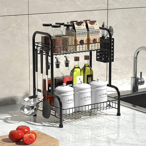 Miniatura 3 de Organizador de encimera de baño con cesta de artículos de tocador, estante de almacenamiento de encimera de baño de 2 niveles con almohadilla