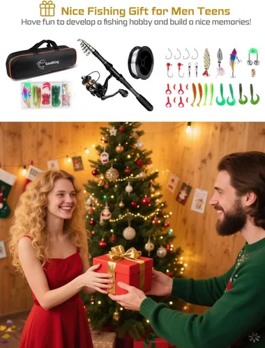 Miniatura 6 de Kit de Caña de Pescar, Caña Telescópica de Fibra de Carbono y Carrete con Carrete Giratorio, Línea, Cebo Biónico, Anzuelos y Bolsa de Transporte