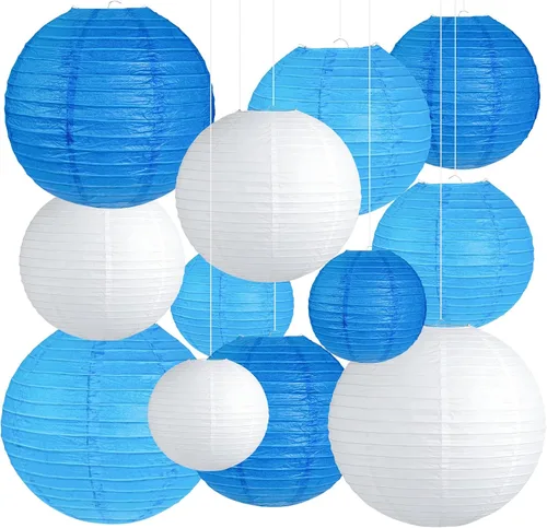 Miniatura 17 de 12 Linternas de Papel Azul, Blanco y Verde Menta de Tamaños Variados (6" 8" 10" 12") para Decoración del Hogar, Boda, Cumpleaños, Decoraciones