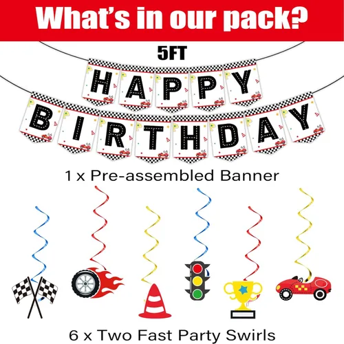 Miniatura 3 de Qyeahkj Juego de 184 piezas de suministros para fiesta de cumpleaños rápido, incluye platos de coche de carreras, servilletas, mantel, pancarta, kit
