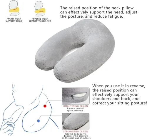 Miniatura 5 de Almohada de viaje para dormir, almohada de viaje de espuma viscoelástica gris en forma de U, almohada de avión para cabeza y cuello, almohada