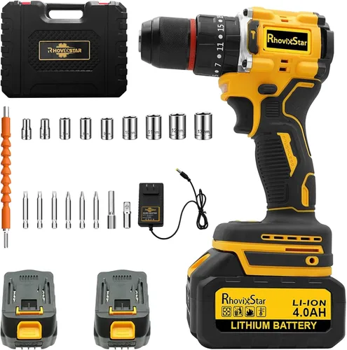Miniatura 10 de Rhovixster - Taladro eléctrico inalámbrico de 20 V, 2 velocidades con 2 baterías y cargador rápido, portabrocas sin llave de 3/8 pulgadas, kit de 2
