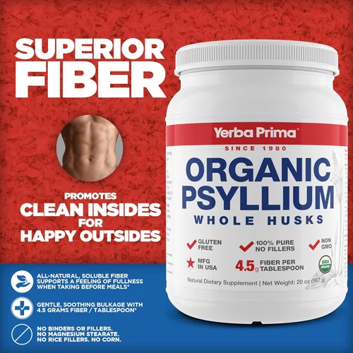 Miniatura 2 de Yerba Prima Fibra orgánica de cáscaras de psyllium entero, 20 onzas (paquete de 2), suplemento de fibra dietética natural diario, limpiador