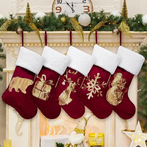 Miniatura 16 de GEX Medias de Navidad Paquete de 6 para Familia 20" Grandes Lentejuelas Doradas de Seda con Suave Piel Sintética Bordada Decoraciones Clásicas