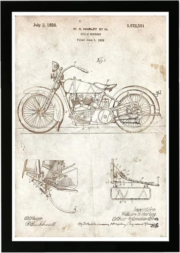 Wynwood Studio Impresiones artísticas enmarcadas de transporte para pared, diseño de pergamino Harley 1928, motocicletas, decoración del hogar, 13 x