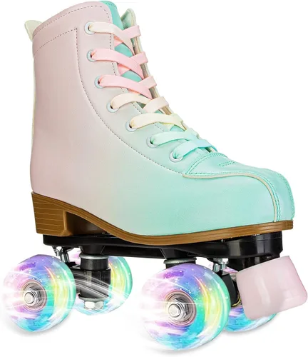 Miniatura 2 de YYW Patines de ruedas para niñas y mujeres, fantásticos patines de PU con gradiente rosa y verde iluminados para niños y jóvenes, para interiores