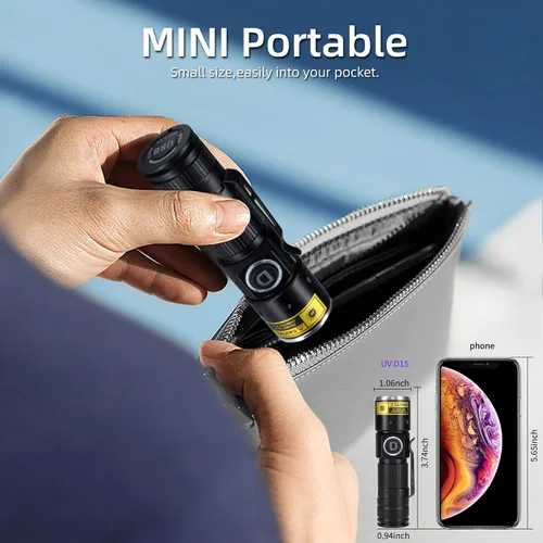 Miniatura 5 de DARKDAWN Linternas de luz UV de 395 nm USB recargable ultravioleta LED luz negra mini lámpara de madera portátil para detección de orina de gatos