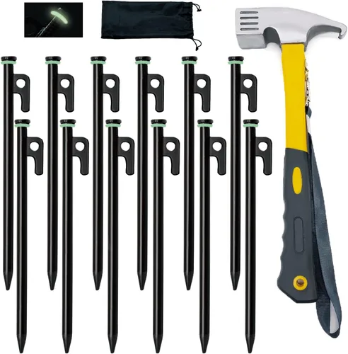 Miniatura 8 de Paquete de 12 estacas para tienda de campaña con martillo, estacas de tienda de campaña resistentes de 8 pulgadas + martillo de campamento de 10