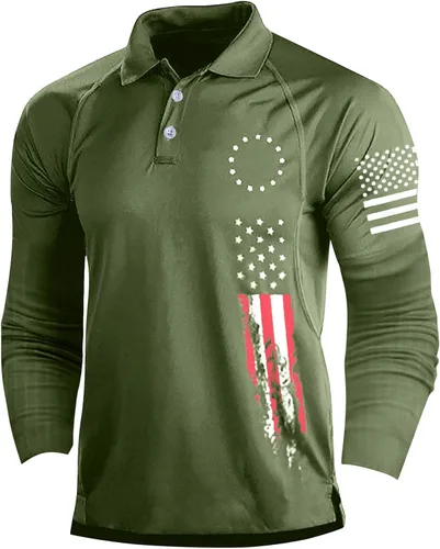 Miniatura 22 de Camisa polo de manga larga con bandera estadounidense para hombre, cuello gráfico patriótico, camiseta de golf, moderna, casual, cuello en V, tops