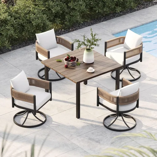 Miniatura 18 de Juego de comedor al aire libre Grand Patio de 5 piezas para 4, sillas de patio fijas de mimbre tejido metálico con cojines engrosados y 1 mesa