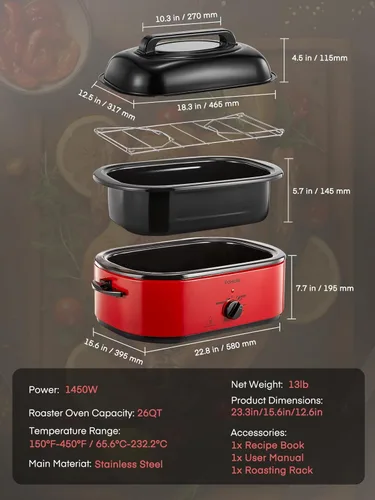 Miniatura 8 de FOHERE Horno asador eléctrico de 26 cuartos de galón con tapa visible y autofundante, tostador grande de pavo con función de descongelación y calor