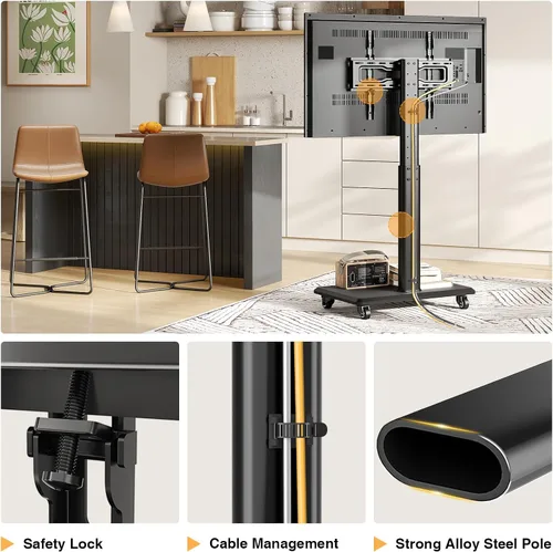 Miniatura 6 de TVON Soporte de TV móvil para televisores de 32 a 70 pulgadas, elegante soporte de TV de piso con ruedas, carro de TV móvil con 9 niveles de ajuste