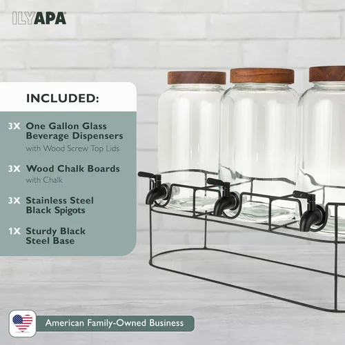Miniatura 7 de Ilyapa Dispensador de bebidas de vidrio para fiestas - paquete de 3, dispensador triple de bebidas múltiples de 1 galón con soporte, tapas de madera