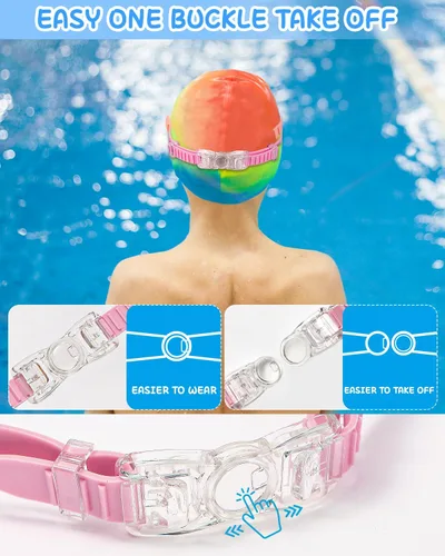 Miniatura 5 de Gafas de natación para niños, gafas de natación de marco grande, visión amplia, antivaho e impermeables para niños y niñas Rosa