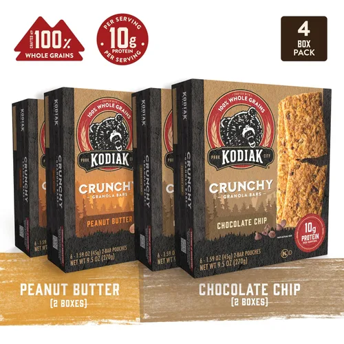 Miniatura 4 de Kodiak Cakes Paquete variado de barras de granola crujiente, mantequilla de maní (2 cajas) y chispas de chocolate (2 cajas) de barra de granola
