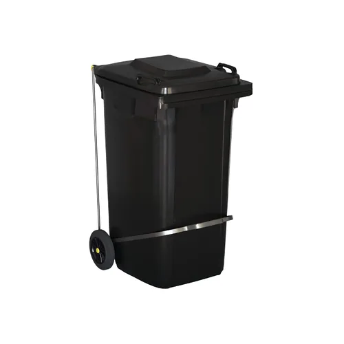 Bote de basura rectangular con ruedas negras de 50 galones para exteriores con tapa y accesorio de paso, eliminación manos libres para uso comercial