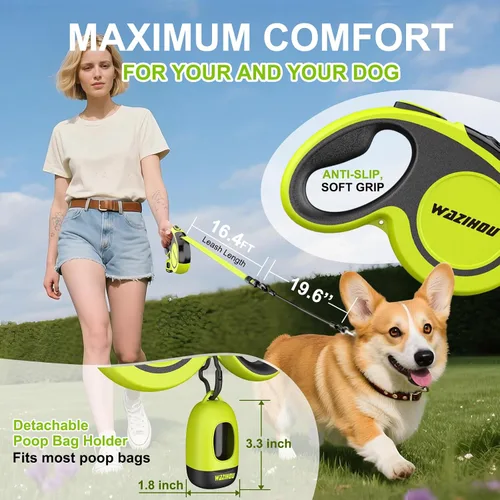 Miniatura 5 de Correa retráctil mejorada para perro de 16.4 pies – Correa retráctil reflectante resistente con agarre suave antideslizante – Bolsa desmontable