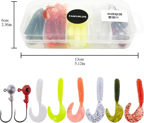 Miniatura 2 de 40 piezas de gancho de cabeza de plantilla, señuelos suaves, cebo de silicona artificial, gusano de pesca suave, kit de aparejos para pesca de 40