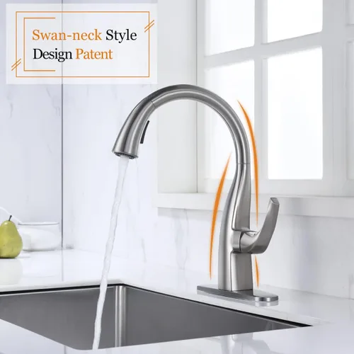 Miniatura 2 de WOWOW Grifos de cocina con dispensador de jabón, cuello de cisne de una sola manija, grifos de fregadero de cocina negros con rociador, arco alto