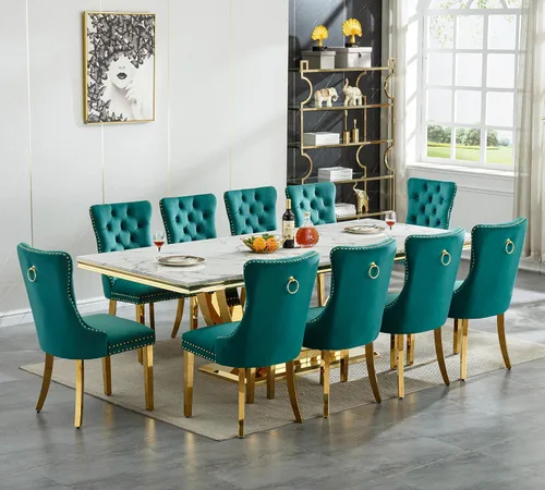 Miniatura 8 de Juego de mesa de comedor grande y moderna de mármol sintético blanco de 94.5 pulgadas, juego de mesa de comedor de 10 piezas con 10 sillas tapizadas