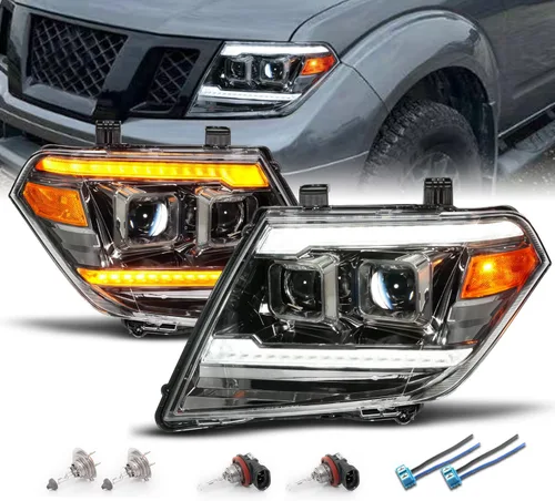 Miniatura 9 de AmeriLite para camioneta pickup Nissan Frontier 2009-2020 Juego de faros delanteros de proyector negro con tubo LED DRL y señal secuencial