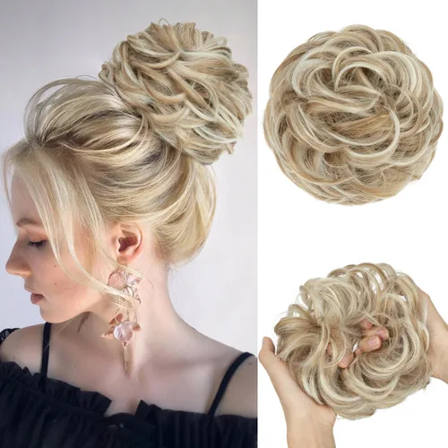 Miniatura 33 de CJL HAIR Extensiones de cabello sintético de moño desordenado, ondulado, rizado, grueso, para coleta, para mujer (rubio blanco)