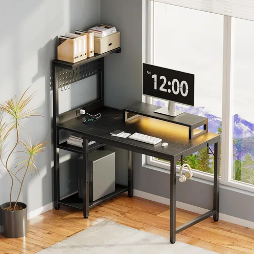 Miniatura 9 de Escritorio pequeño para juegos de 40 pulgadas con estantes de tablero de clavijas, escritorios para computadora con luces LED, tomas de corriente