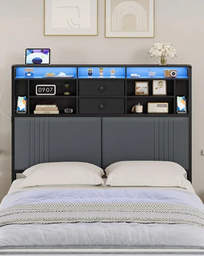 Miniatura 7 de Hzuaneri - Cabecera con 3 estantes de almacenamiento, cabecera tapizada en terciopelo con toma de corriente, 2 puertos USB y luz LED, cabeceras