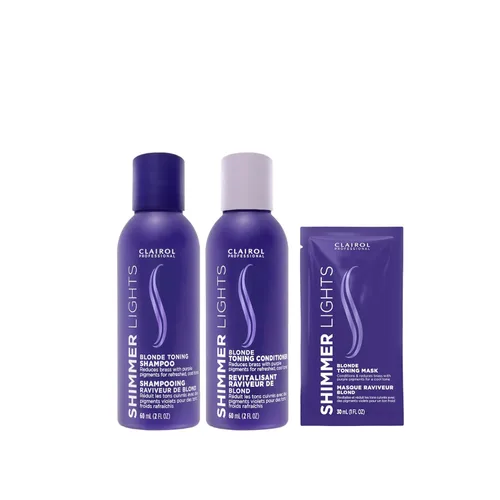 Clairol Professional Shimmer Lights - Champú y acondicionador morado, con máscara de tonificación violeta, paquete de tamaño de prueba | Neutraliza
