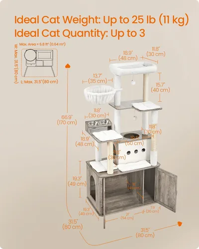Miniatura 5 de Feandrea Árbol para gatos, torre para gatos de 66.9 pulgadas con caja de arena, condominio grande con estación de alimentos, almacenamiento, postes