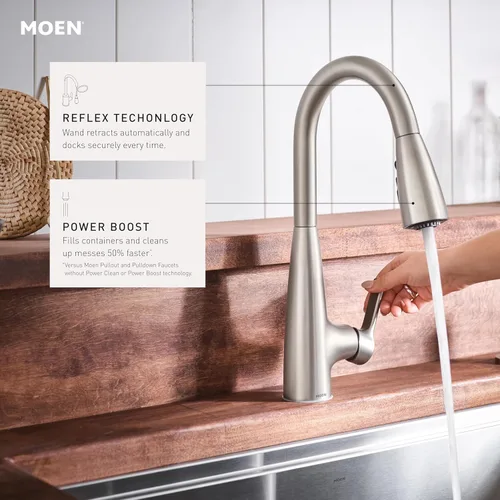 Miniatura 5 de Moen Haelyn - Grifo de cocina monocontrol con rociador extraíble cromado con potencia para una limpieza más rápida, dispensador de jabón incluido