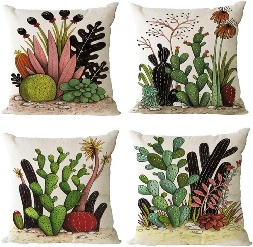 Miniatura 11 de Juego de 4 fundas de almohada decorativas de plantas verdes de 16 x 16 pulgadas, decoraciones de verano, fundas de almohada cuadradas de lino