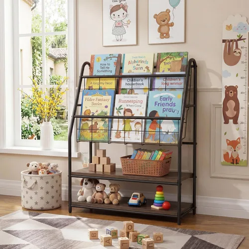 Miniatura 4 de VECELO Estante de almacenamiento para libros de fotos para niños, organizador industrial de pie, estante de exhibición de libros para niños