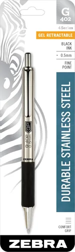 Zebra Pen STEEL G-402 - Bolígrafo de gel retráctil, punta fina de 0.020 in, tinta negra suave, tinta de secado rápido para evitar manchas ni