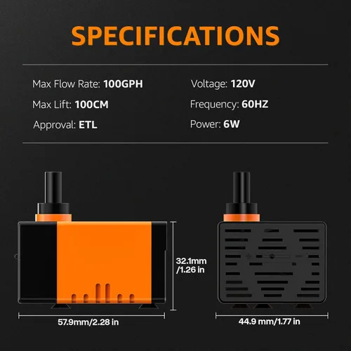 Miniatura 2 de Bomba sumergible para fuente, una bomba de agua ultra silenciosa de 100 GPH, 120 V 60 HZ, cuenta con un diseño desmontable y es adecuada