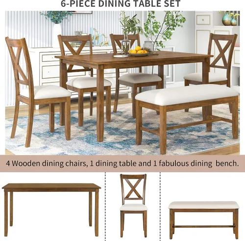 Miniatura 8 de Harper & Bright Designs Juego de mesa de comedor de 6 piezas, juego de mesa de comedor con mesa de comedor rectangular de madera, 4 sillas
