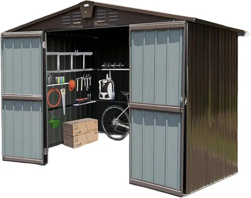Miniatura 17 de Cobertizo pequeño de almacenamiento de metal de 5 x 3 pies para exteriores, cobertizo de jardín gris oscuro con techo inclinado y puertas dobles