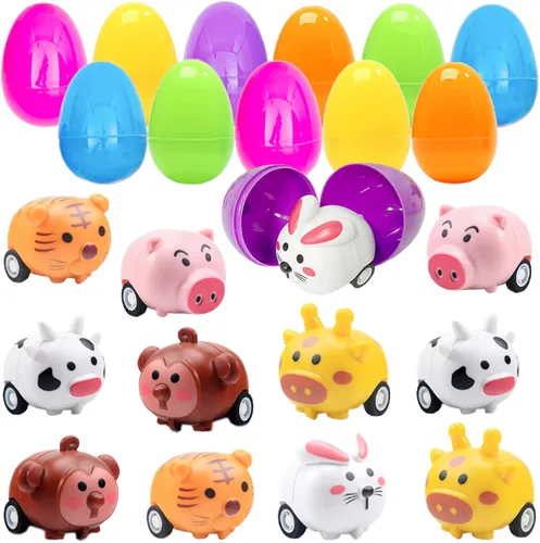BAINFE 12 huevos de Pascua con juguetes de automóvil para tirar hacia atrás, huevos de plástico con vehículos de animales de dibujos animados para