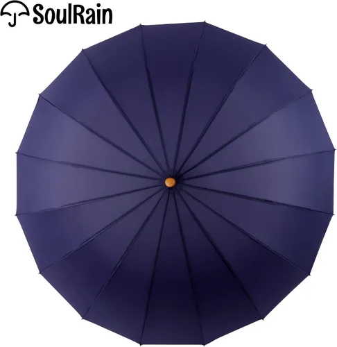 Miniatura 45 de SoulRain Paraguas de palo de 16 varillas de 48 pulgadas, apertura automática, color sólido, moderno y simple, mango de madera clásico de arco