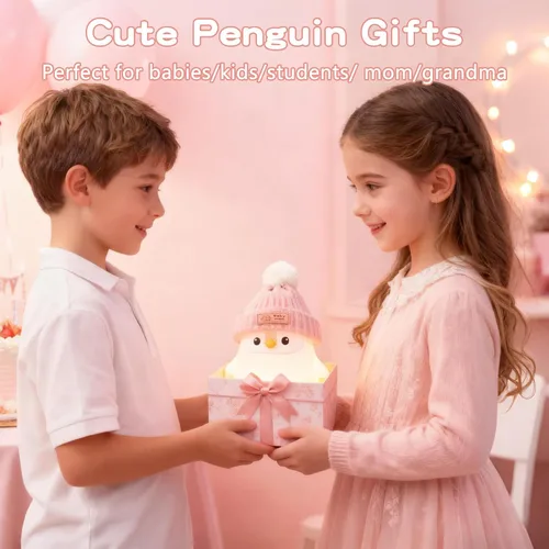 Miniatura 7 de Luz nocturna de silicona de pingüino, bonita lámpara de pingüino rosa con sombrero, luz nocturna de guardería para bebé, recargable/regulable, Bebé