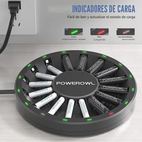 Miniatura 7 de POWEROWL 16 Bay AA AAA cargador de batería (actualizado, carga de alta velocidad) con luz LED inteligente y enchufe, para baterías recargables NIMH