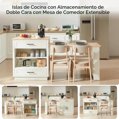Miniatura 5 de ONBRILL Islas de cocina de 76 pulgadas con mesa de comedor extensible, mesa de isla de 2-6 para cocina, mesa de cocina móvil con almacenamiento