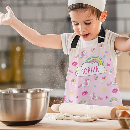 Miniatura 4 de winorax Delantal de unicornio para niñas y niños personalizado lindo patrón de unicornio delantales ajustables delantales para asar a la parrilla