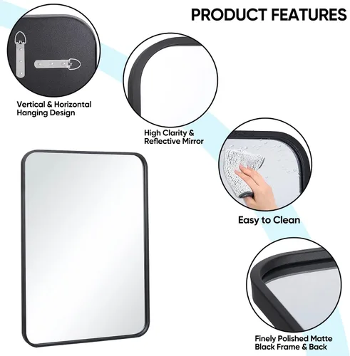 Miniatura 9 de ZENY Espejo de baño con marco de metal negro para pared, espejo rectangular de montaje en pared de 24 x 36 pulgadas, espejo de tocador, espejo