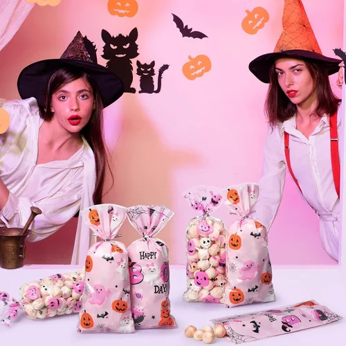 Miniatura 6 de Yeaqee 100 bolsas de regalo Little Boo Baby Shower – Bolsas rosadas de dulces de Halloween – Bolsas de regalo a granel para niños regalos de fiesta