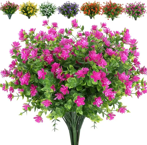 8 paquetes de flores artificiales, arbustos de boj falsos, resistentes a los rayos UV, no se decolora, vegetación sintética, loto de plástico Fucsia