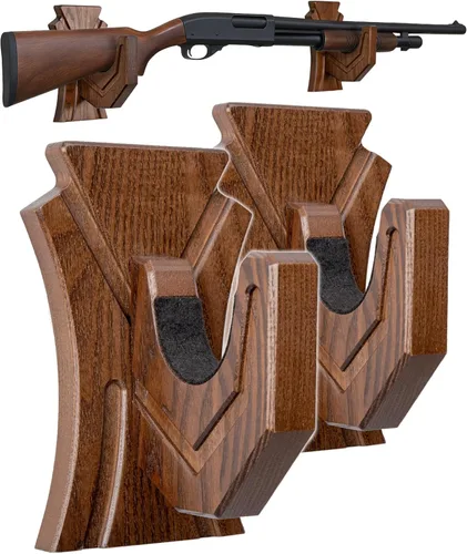 Miniatura 11 de TESLYAR Soporte de pared para rifles, ganchos para pistola con figuras para rifles y escopetas, estante de madera para armas, soporte de madera