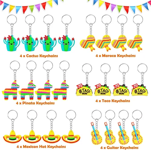 Miniatura 3 de CiciBear Paquete de 24 llaveros de regreso de fiesta mexicana con piñata, sombrero, cactus, taco, guitarra y maraca para fiesta mexicana, fiesta